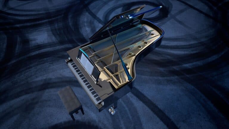 Aerial view of a grand piano with the lid open, revealing its intricate interior mechanics and a sheet music holder, placed on a textured blue surface. A black piano bench sits beside it, enhancing the elegant setup for musical performance or practice.