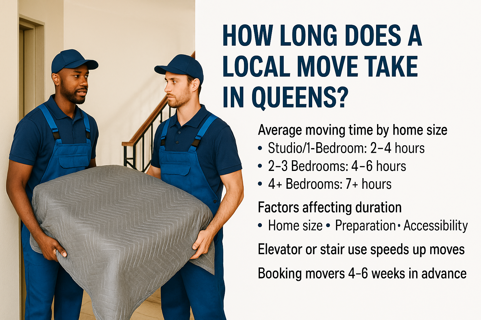 Two professional movers carrying a moving blanket in a residential setting, with text highlighting average moving times in Queens based on home size and factors affecting duration.