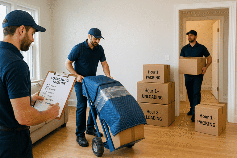 Queens movers carrying a wrapped sofa down an apartment stairway with a visible wall clock to show how long a local move can take.