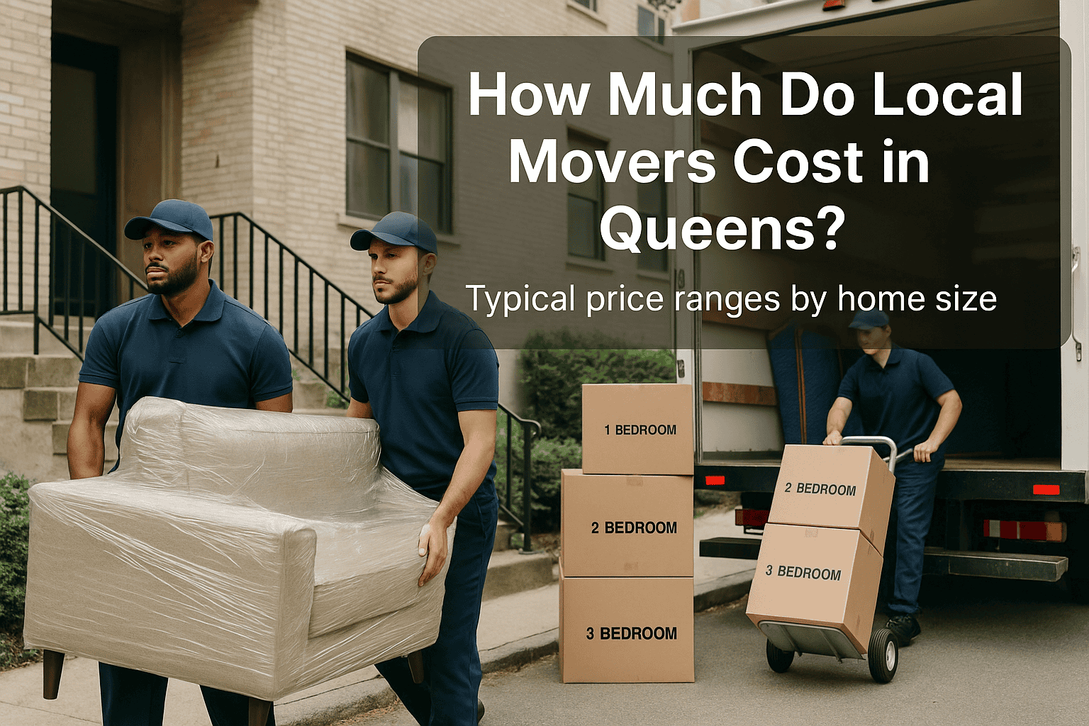 Professional Queens movers carrying a wrapped sofa and labeled boxes out of an apartment to illustrate the real cost of hiring local movers.