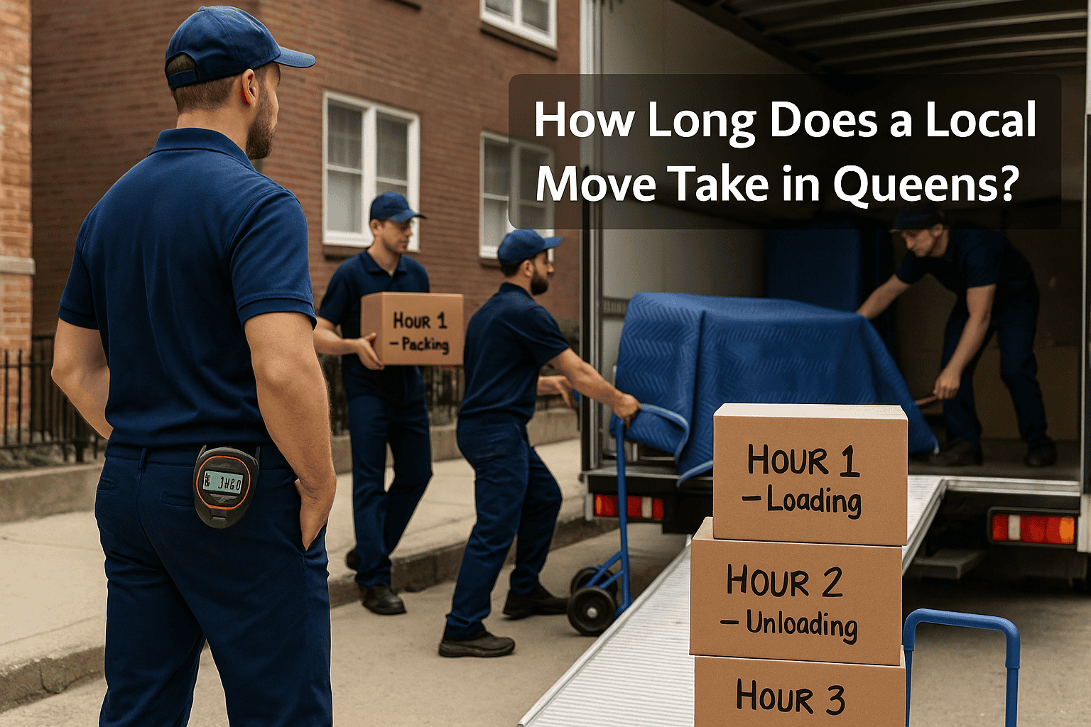 Moving professionals loading and unloading boxes from a moving truck in Queens, illustrating the timeline of a local move with labeled hours for packing, loading, and unloading.