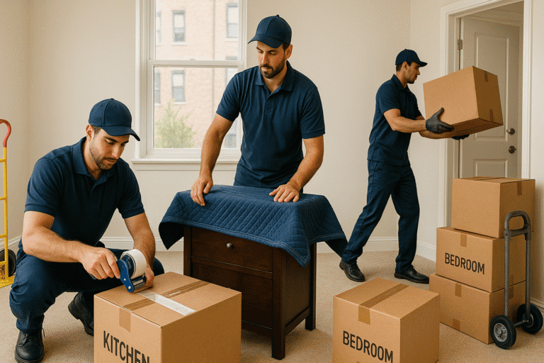 Professional movers packing boxes for relocation in a bright, empty room. One mover is applying tape to a box labeled "KITCHEN," while another is carrying a box labeled "BEDROOM." A third mover is arranging a protective blanket on a piece of furniture.
