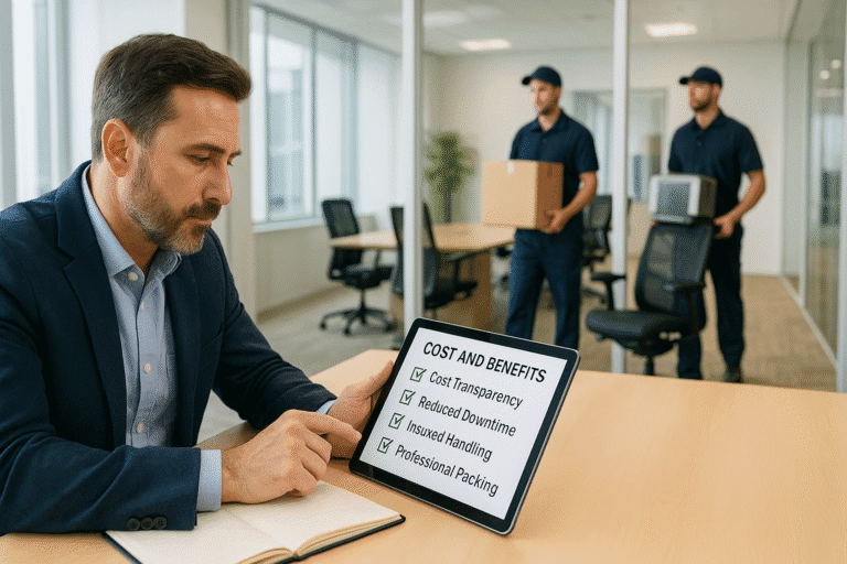 Queens NY business owner reviewing a cost and benefits checklist for hiring commercial movers while movers work in the background