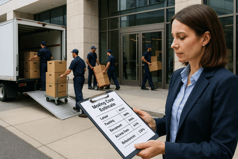 Office movers in Queens NY loading boxes and office equipment while a supervisor reviews a moving cost estimate clipboard