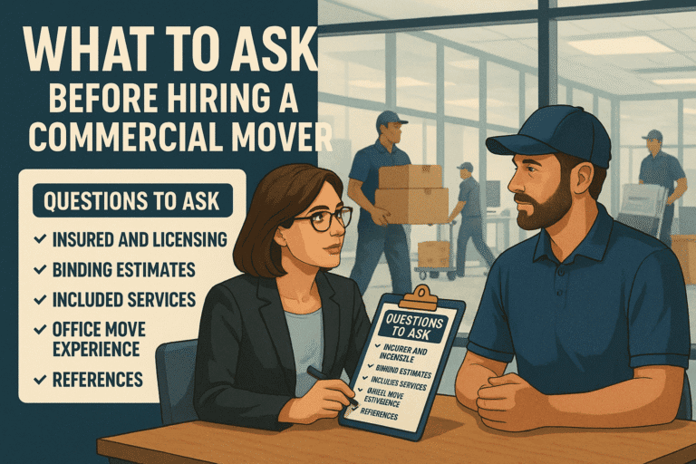 Professional mover in a Queens NY office meeting with a business owner discussing important questions before hiring a commercial mover
