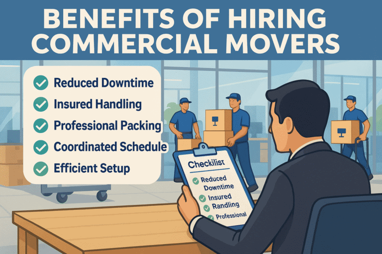 Commercial movers in Queens NY unloading office furniture from a truck into a modern building during a business relocation