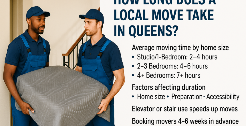Two professional movers carrying a moving blanket in a residential setting, with text highlighting average moving times in Queens based on home size and factors affecting duration.