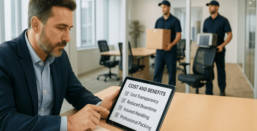 Queens NY business owner reviewing a cost and benefits checklist for hiring commercial movers while movers work in the background