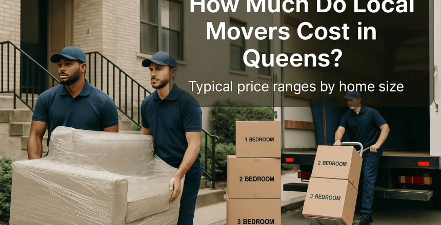 Professional Queens movers carrying a wrapped sofa and labeled boxes out of an apartment to illustrate the real cost of hiring local movers.