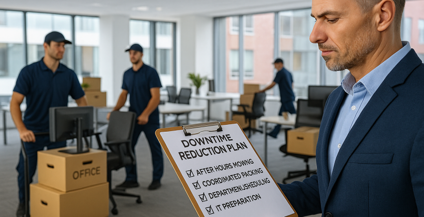 Commercial movers in Queens NY relocating office equipment while a manager reviews a downtime reduction plan