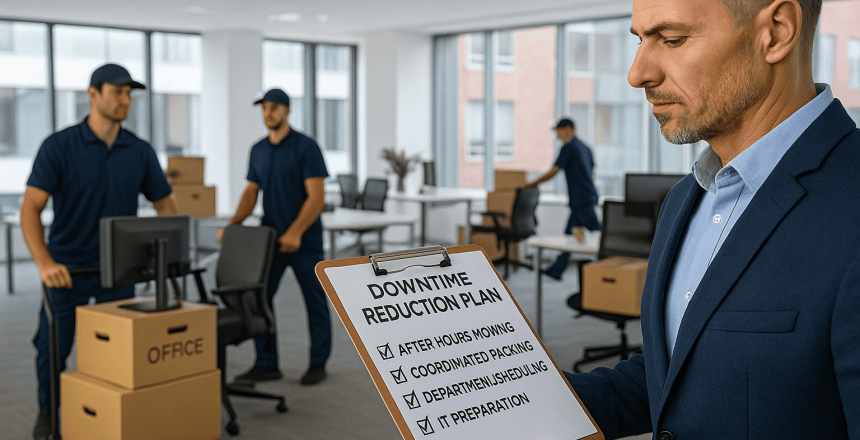 Commercial movers in Queens NY relocating office equipment while a manager reviews a downtime reduction plan