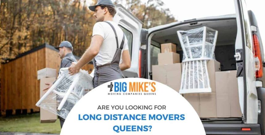 Two movers loading furniture and boxes into a moving van, showcasing long distance moving services in Queens. Big Mike's Moving Companies Queens logo prominently displayed, emphasizing professional relocation assistance.
