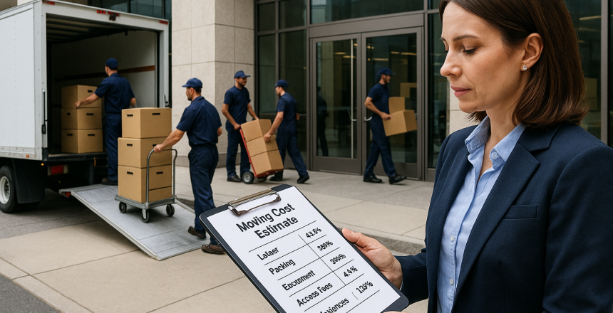 Office movers in Queens NY loading boxes and office equipment while a supervisor reviews a moving cost estimate clipboard