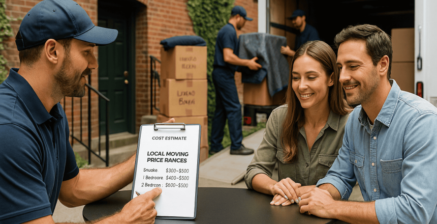 Moving consultant in Queens showing a local movers cost estimate on a clipboard to a couple while uniformed movers load wrapped furniture and boxes into a truck in the background.