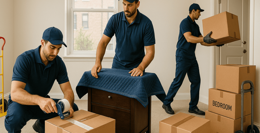 Professional movers packing boxes for relocation in a bright, empty room. One mover is applying tape to a box labeled "KITCHEN," while another is carrying a box labeled "BEDROOM." A third mover is arranging a protective blanket on a piece of furniture.