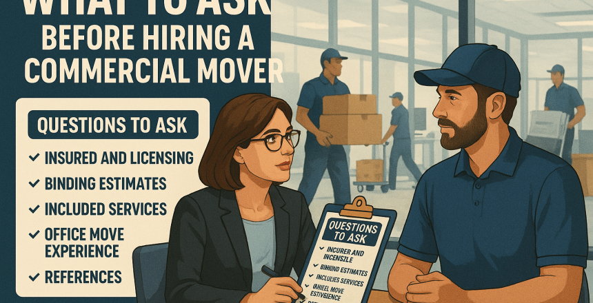 Professional mover in a Queens NY office meeting with a business owner discussing important questions before hiring a commercial mover